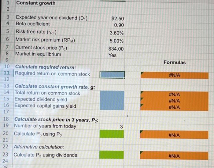 1 Constant Growth 2 3 Expected Year End Dividend D 4 Beta Coefficient 5 Risk Free Rate Trf 6 Market Risk Premium R 1