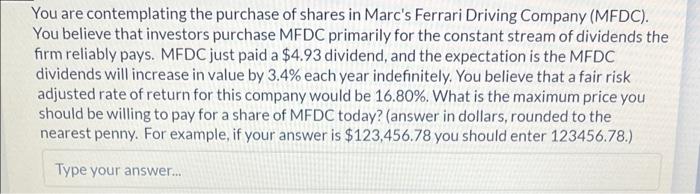 You Are Contemplating The Purchase Of Shares In Marc S Ferrari Driving Company Mfdc You Believe That Investors Purcha 1