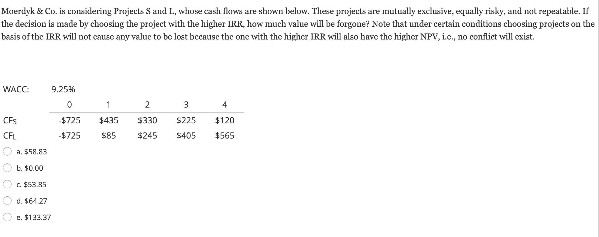 Moerdyk Co Is Considering Projects S And L Whose Cash Flows Are Shown Below These Projects Are Mutually Exclusive 1
