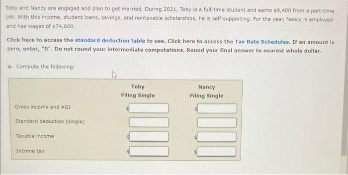 Toby And Nancy Are Engaged And Plan To Get Married During 2021 Toby Is A Full Time Student And Earns 9 400 From A Par 1