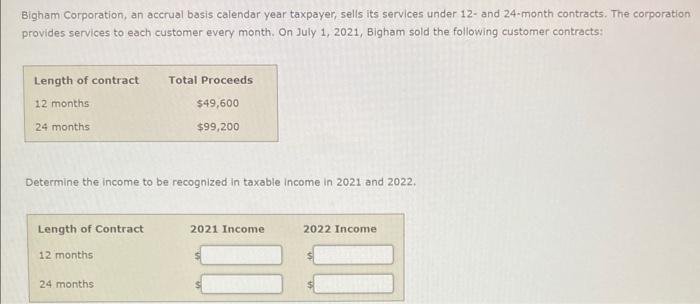 Bigham Corporation An Accrual Basis Calendar Year Taxpayer Sells Its Services Under 12 And 24 Month Contracts The Co 1