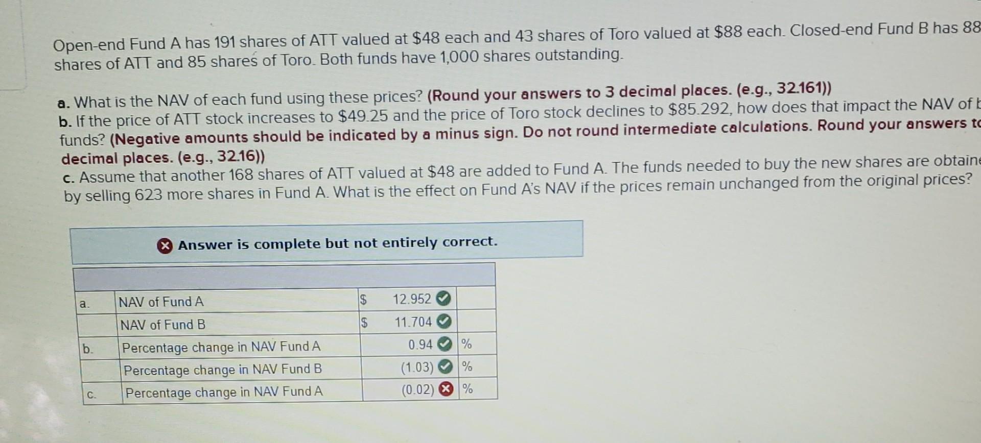 Open End Fund A Has 191 Shares Of Att Valued At 48 Each And 43 Shares Of Toro Valued At 88 Each Closed End Fund B Has 1