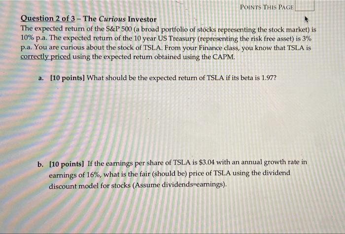 Points This Page Question 2 Of 3 The Curious Investor The Expected Return Of The S P 500 A Broad Portfolio Of Stocks R 1