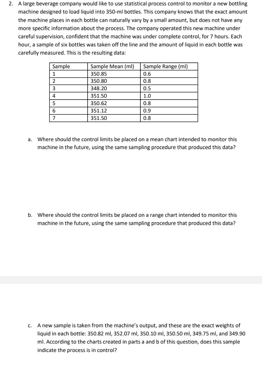 2 A Large Beverage Company Would Like To Use Statistical Process Control To Monitor A New Bottling Machine Designed To 1