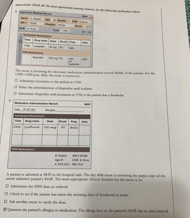 Instructions Check The Most Appropriate Nursing Action For The Following Medication Orders 8 Electronic Medical Rec 1