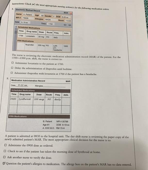 Instructions Check The Most Appropriate Nursing Action For The Following Medication Orders 8 Electronic Medical Rec 1