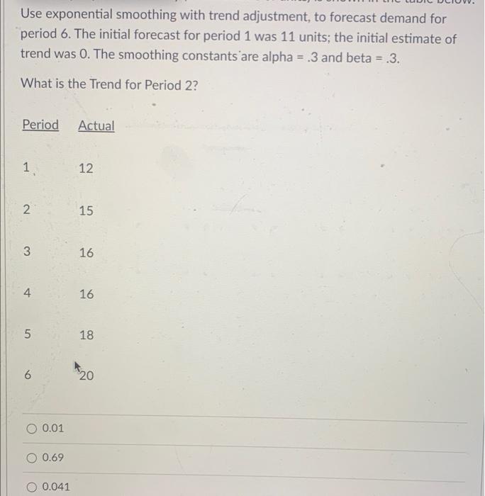 Use Exponential Smoothing With Trend Adjustment To Forecast Demand For Period 6 The Initial Forecast For Period 1 Was 1