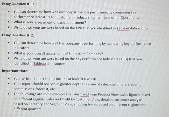 Essay Question T1 You Can Determine How Well Each Department Is Performing By Comparing Key Performance Indicators F 1
