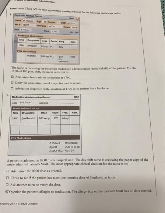 Instructions Check The Most Appropriate Nursing Action For The Following Medication Orders 8 Electronic Medical Rec 3