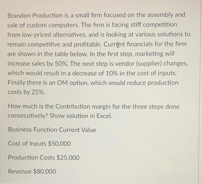 Brandon Production Is A Small Firm Focused On The Assembly And Sale Of Custom Computers The Firm Is Facing Stiff Compet 1