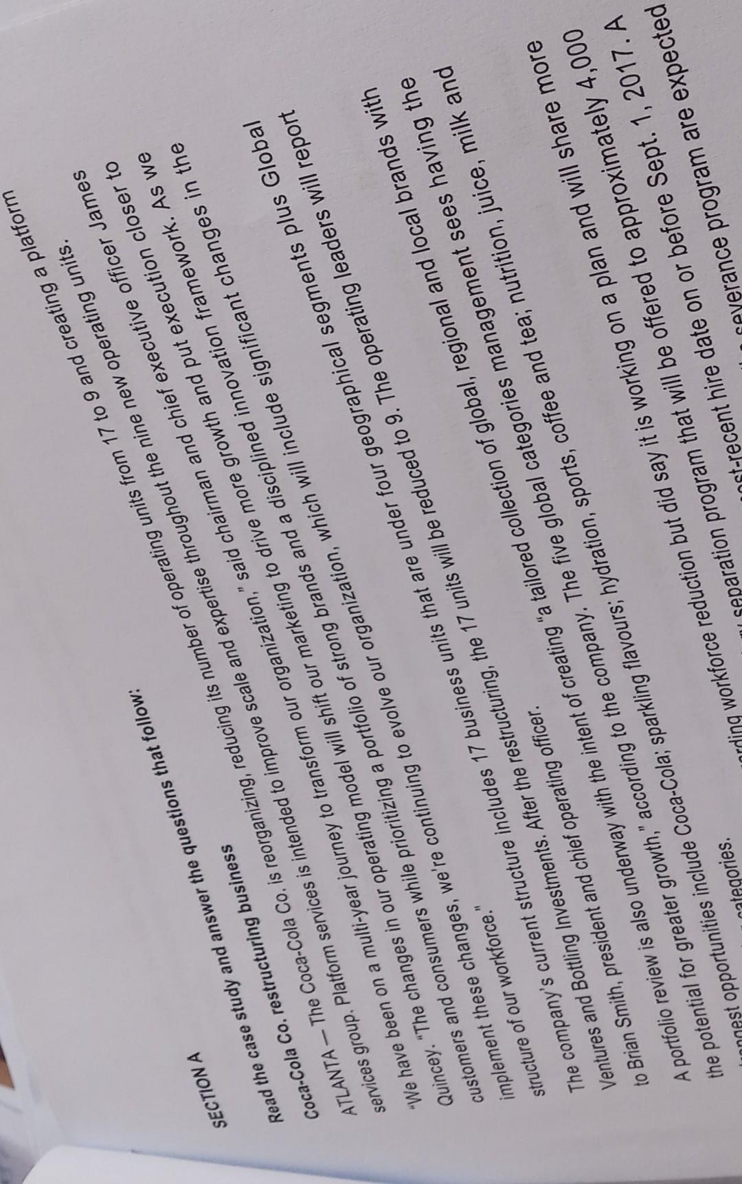 Section A Read The Case Study And Answer The Questions That Follow Coca Cola Co Restructuring Business Atlanta The Coc 1