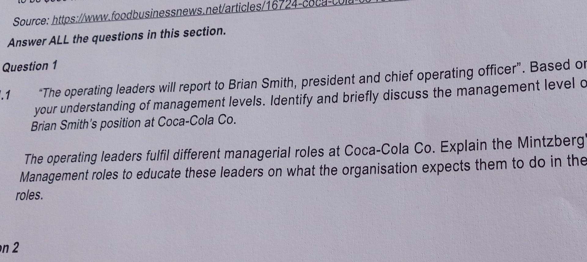 Section A Read The Case Study And Answer The Questions That Follow Coca Cola Co Restructuring Business Atlanta The Coc 2