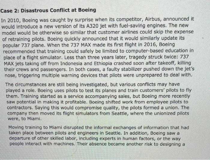 Case 2 Disastrous Conflict At Boeing In 2010 Boeing Was Caught By Surprise When Its Competitor Airbus Announced It W 1