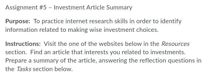 Assignment 5 Investment Article Summary Purpose To Practice Internet Research Skills In Order To Identify Informatio 1