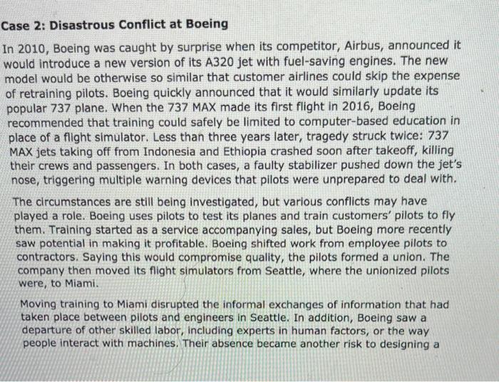 Case 2 Disastrous Conflict At Boeing In 2010 Boeing Was Caught By Surprise When Its Competitor Airbus Announced It W 1
