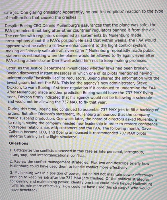 Case 2 Disastrous Conflict At Boeing In 2010 Boeing Was Caught By Surprise When Its Competitor Airbus Announced It W 2