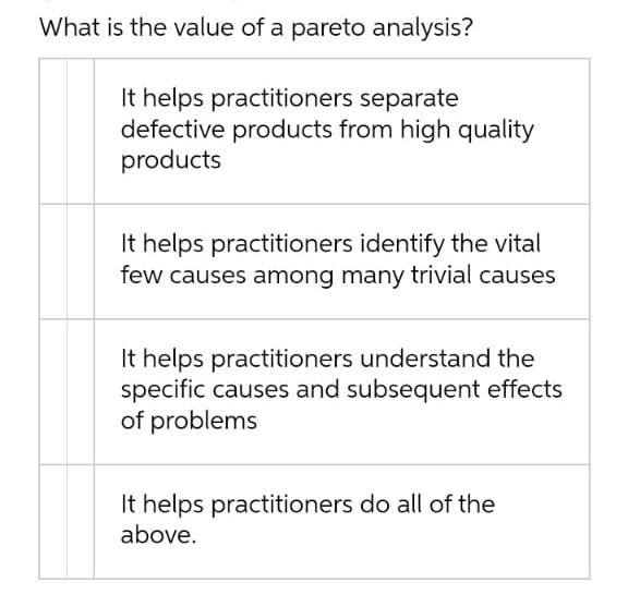 What Is The Value Of A Pareto Analysis It Helps Practitioners Separate Defective Products From High Quality Products It 1