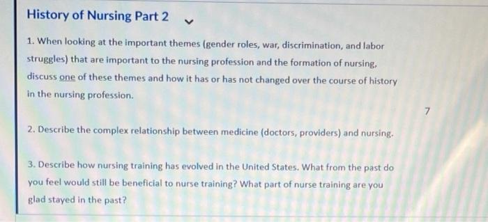 History Of Nursing Part 2 V 1 When Looking At The Important Themes Gender Roles War Discrimination And Labor Strugg 1