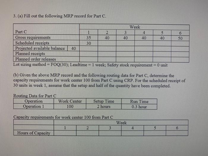 3 A Fill Out The Following Mrp Record For Part C Part C 2 3 4 5 6 Gross Requirements 35 40 40 40 40 50 Scheduled Rec 1
