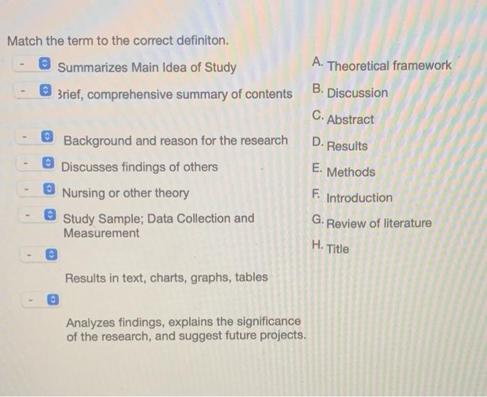 Match The Term To The Correct Definiton Summarizes Main Idea Of Study Brief Comprehensive Summary Of Contents A Theor 1