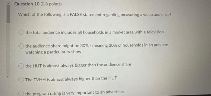 Question 10 0 8 Points Which Of The Following Is A False Statement Regarding Measuring A Video Audience O The Total A 1