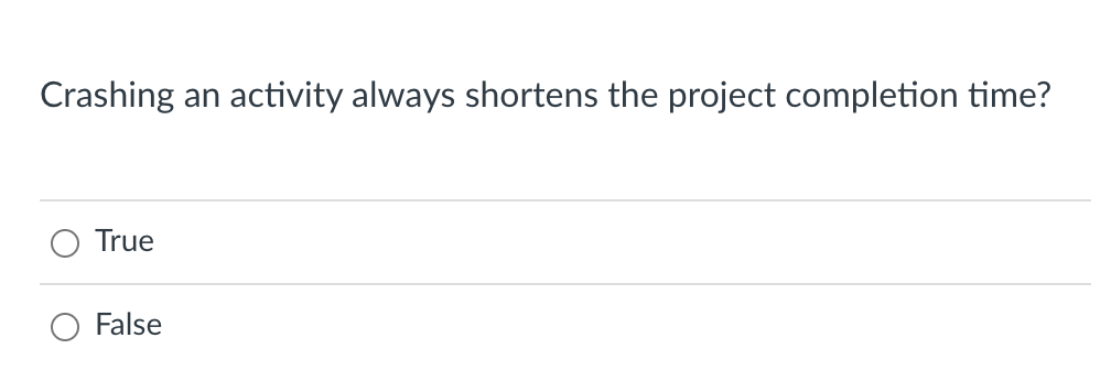 Crashing An Activity Always Shortens The Project Completion Time True False 1