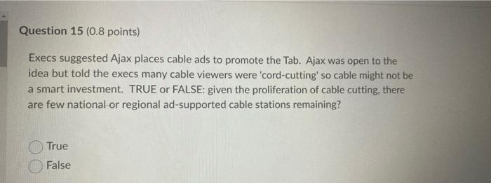 Question 15 0 8 Points Execs Suggested Ajax Places Cable Ads To Promote The Tab Ajax Was Open To The Idea But Told Th 1