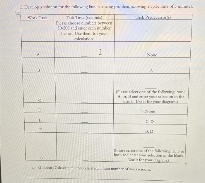 5 Develop A Solution For The Following Line Balancing Problem Allowing A Cycle Time Of 5 Minutes Work Task Task Time 1