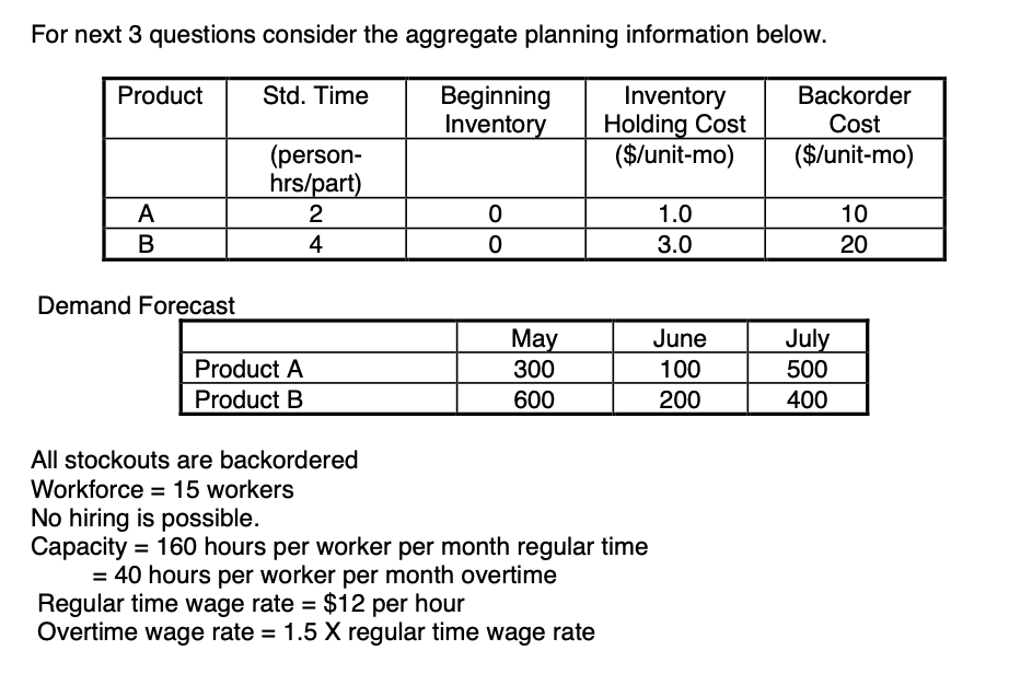 For Next 3 Questions Consider The Aggregate Planning Information Below Product Std Time Beginning Inventory Inventory 1