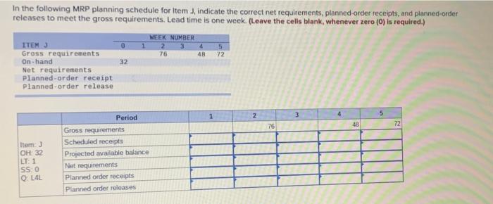 In The Following Mrp Planning Schedule For Item J Indicate The Correct Net Requirements Planned Order Receipts And Pl 1