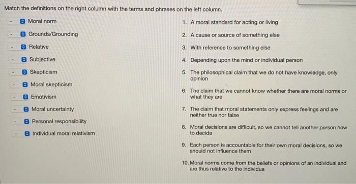 Match The Definitions On The Right Column With The Terms And Phrases On The Left Column Moral Norm 1 A Moral Standard 1