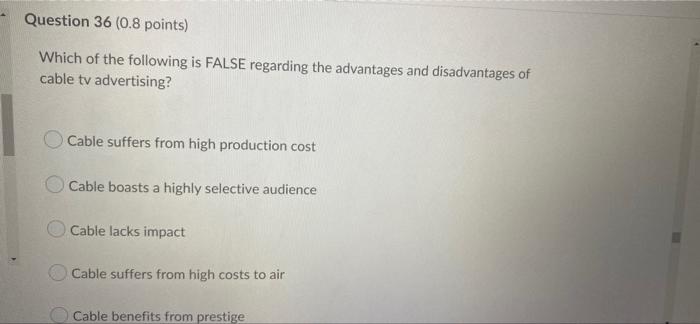 Question 36 0 8 Points Which Of The Following Is False Regarding The Advantages And Disadvantages Of Cable Tv Advertis 1