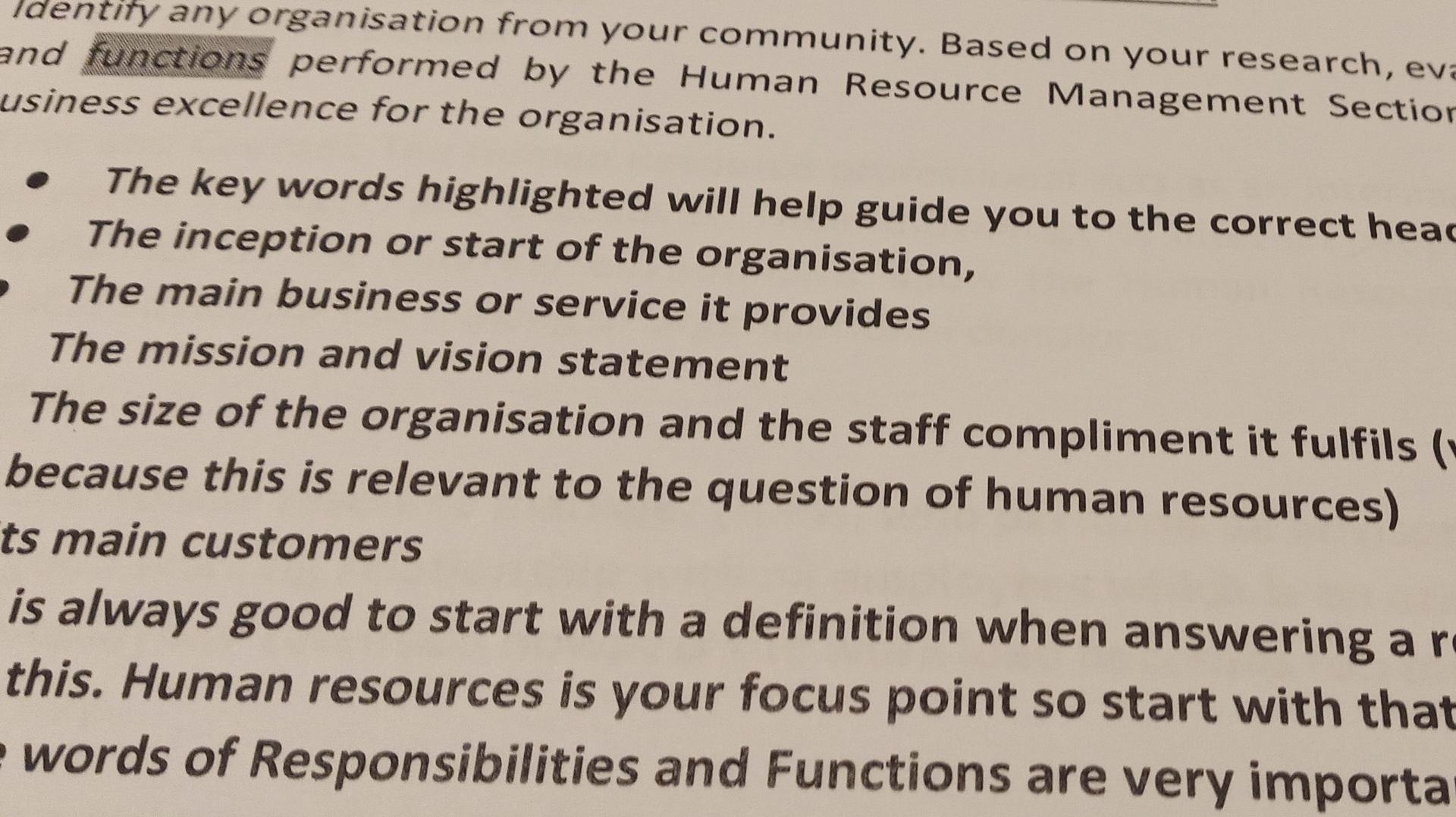Identify Any Organisation From Your Community Based On Your Research Eva And Functions Performed By The Human Resource 1