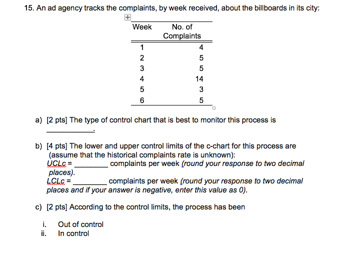 15 An Ad Agency Tracks The Complaints By Week Received About The Billboards In Its City Week No Of Complaints 1 4 2 1