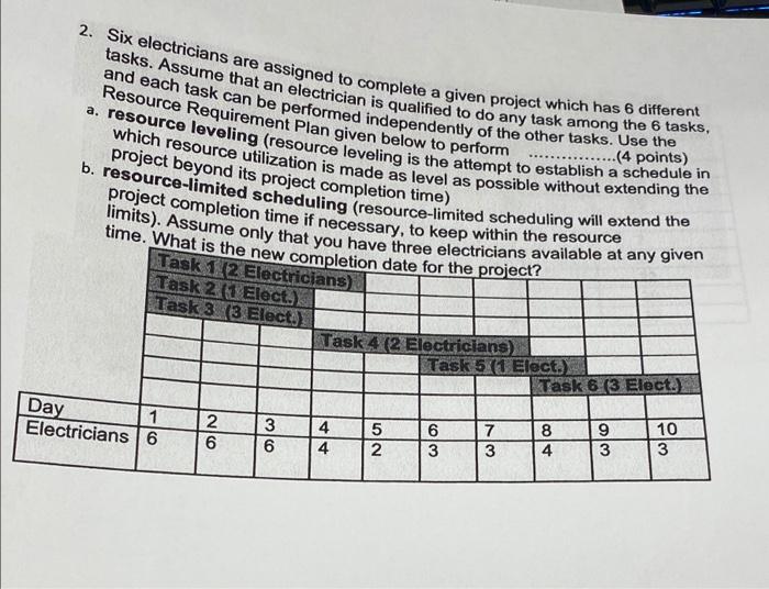 2 Six Electricians Are Assigned To Complete A Given Project Which Has 6 Different Tasks Assume That An Electrician Is 1