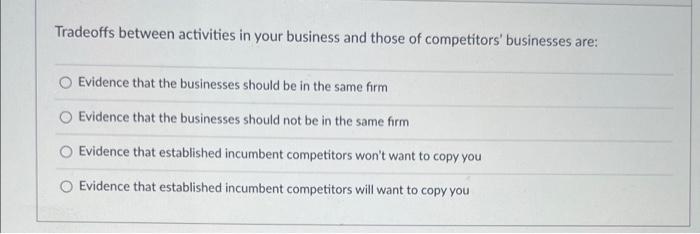 Tradeoffs Between Activities In Your Business And Those Of Competitors Businesses Are Evidence That The Businesses Sho 1