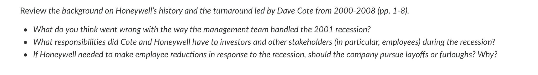 Review The Background On Honeywell S History And The Turnaround Led By Dave Cote From 2000 2008 Pp 1 8 What Do You 1