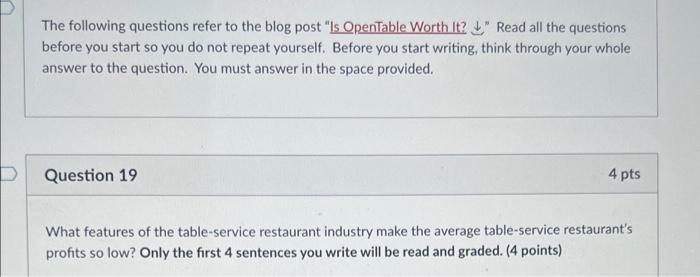 The Following Questions Refer To The Blog Post Is Opentable Worth It Read All The Questions Before You Start So You D 1