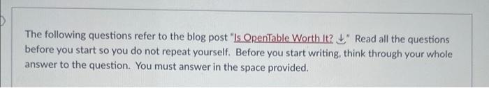 The Following Questions Refer To The Blog Post Is Opentable Worth It Read All The Questions Before You Start So You D 1