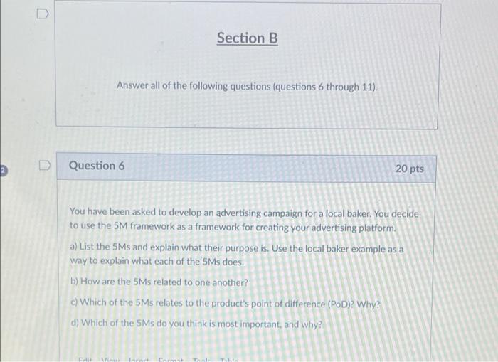 2 U Section B Answer All Of The Following Questions Questions 6 Through 11 Question 6 20 Pts You Have Been Asked To D 1