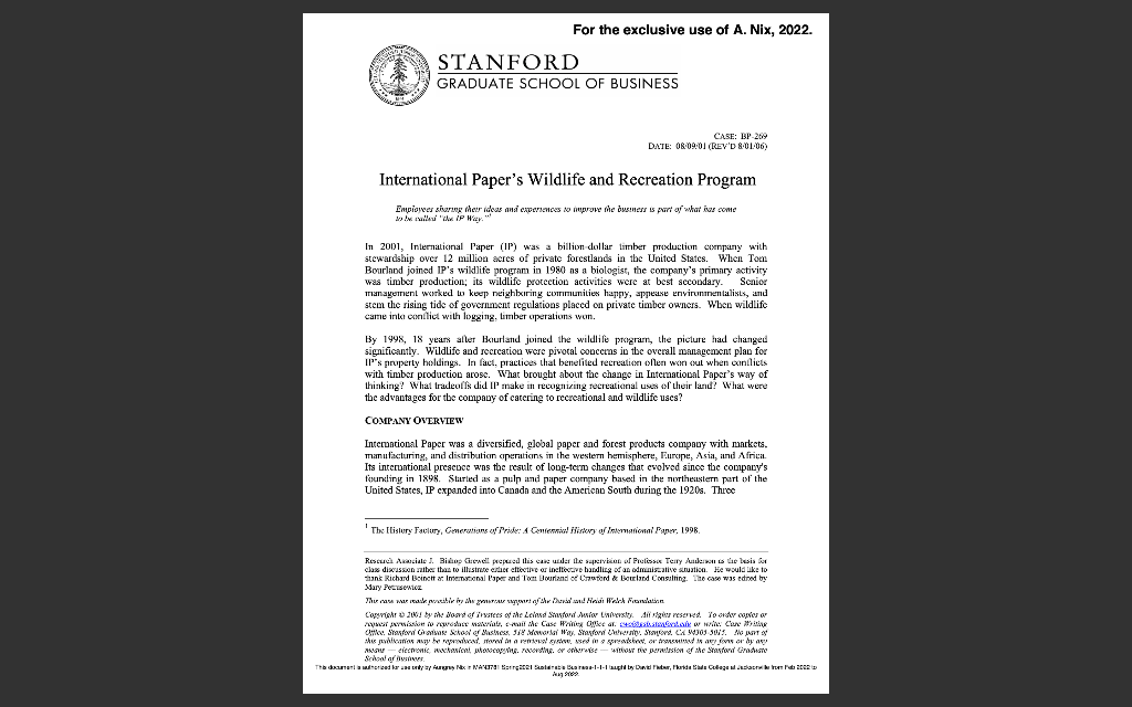 After Reading The Final Case Study International Paper S Wildlife And Recreation Program Answer The Questions At The 1