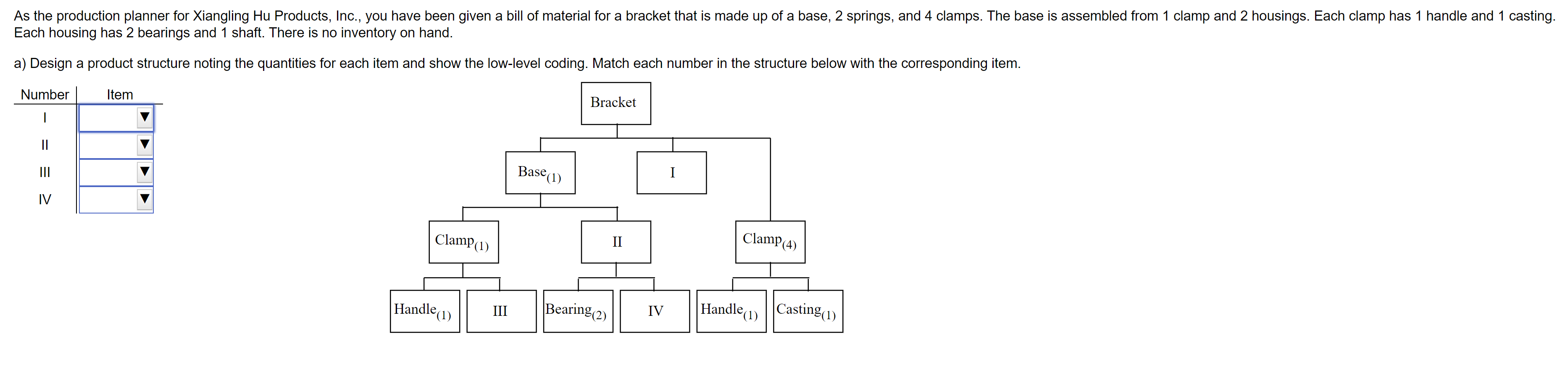 As The Production Planner For Xiangling Hu Products Inc You Have Been Given A Bill Of Material For A Bracket That Is 1