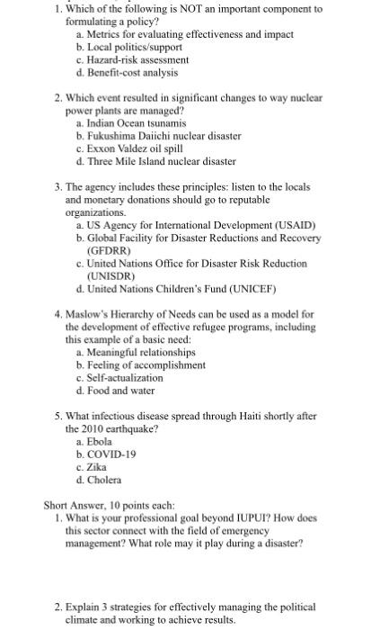 1 Which Of The Following Is Not An Important Component To Formulating A Policy A Metrics For Evaluating Effectiveness 1