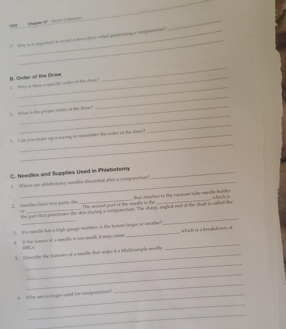 Chapter 47 Con 1022 17 Why Is It Important To Avoid A Short Draw When Performing A Venipuncture B Order Of The Draw 1 1