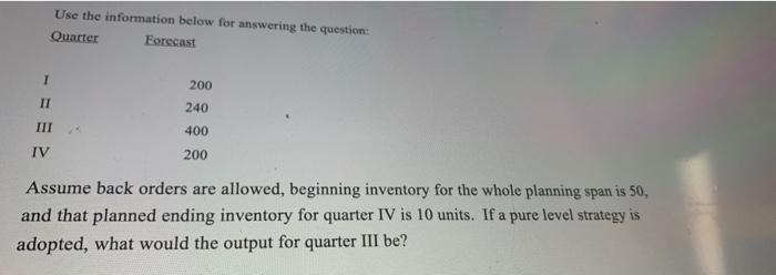 Use The Information Below For Answering The Question Quarter Forecast 240 400 Iv 200 Assume Back Orders Are Allowed Be 1