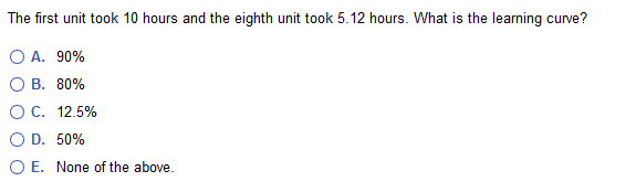 The First Unit Took 10 Hours And The Eighth Unit Took 5 12 Hours What Is The Learning Curve O A 90 Ob 80 O C 12 5 1
