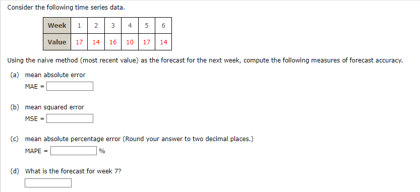 Consider The Following Time Series Data Week 1 2 3 4 6 Value 17 14 16 10 17 14 Using The Naive Method Most Recent Valu 1