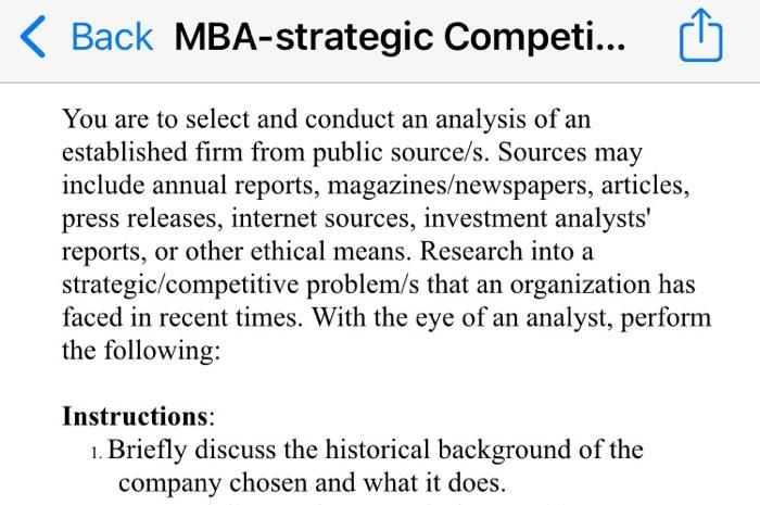Back Mba Strategic Competi You Are To Select And Conduct An Analysis Of An Established Firm From Public Source S Sou 1