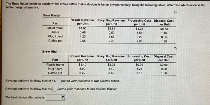 The Brew House Needs To Decide Which Of Two Coffee Maker Designs Is Better Environmentally Using The Following Tables 1