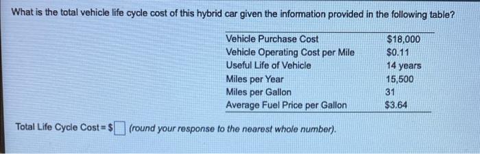 What Is The Total Vehicle Life Cycle Cost Of This Hybrid Car Given The Information Provided In The Following Table Vehi 1